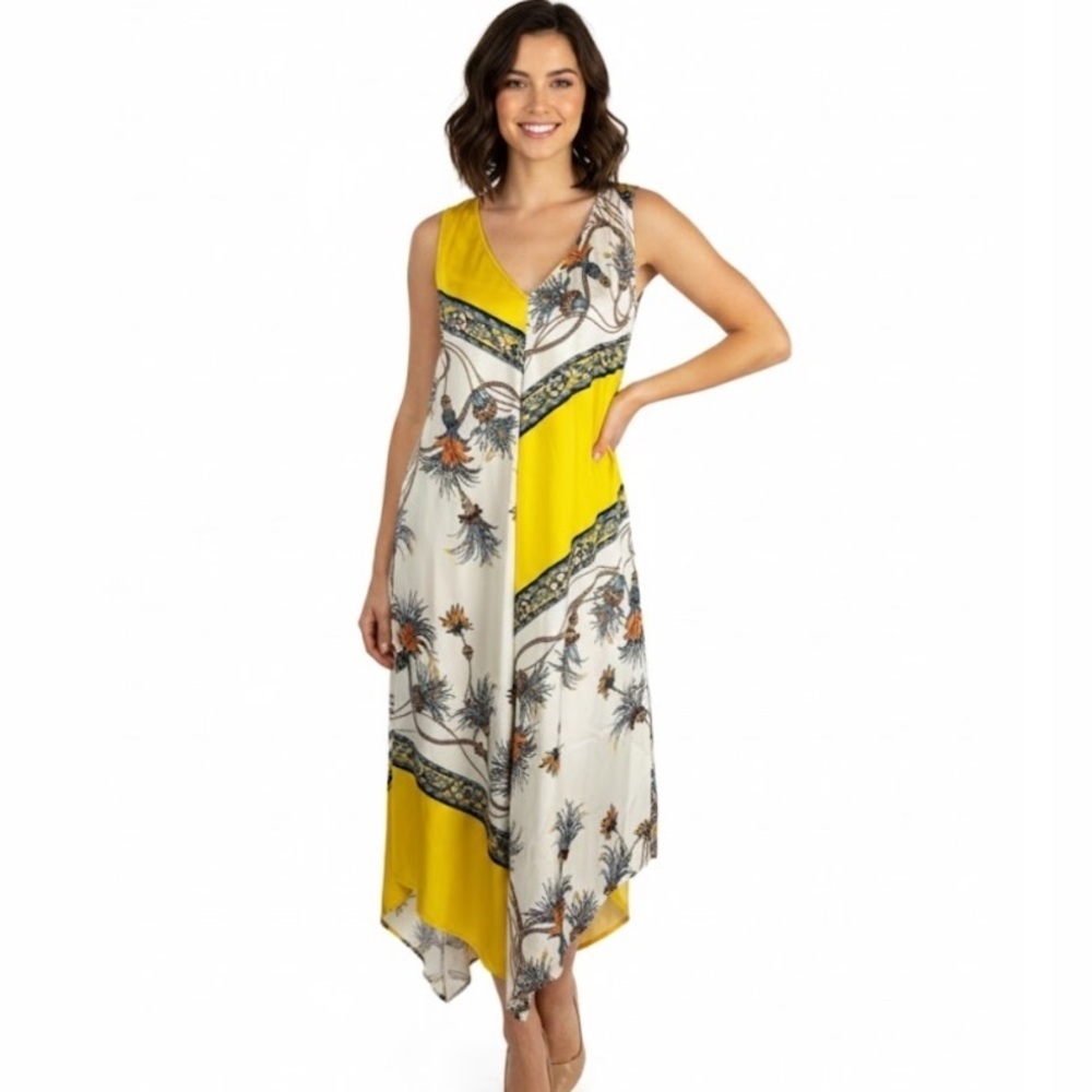 Zara Yellow Print Handkerchief Hem Midi Slip Dress Size Medium